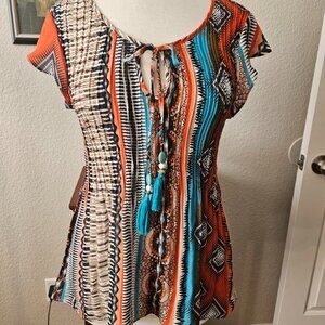 Melissa Paige Petite Large Women's Mulit-Color Rust-Blues with Accent Tassel Top